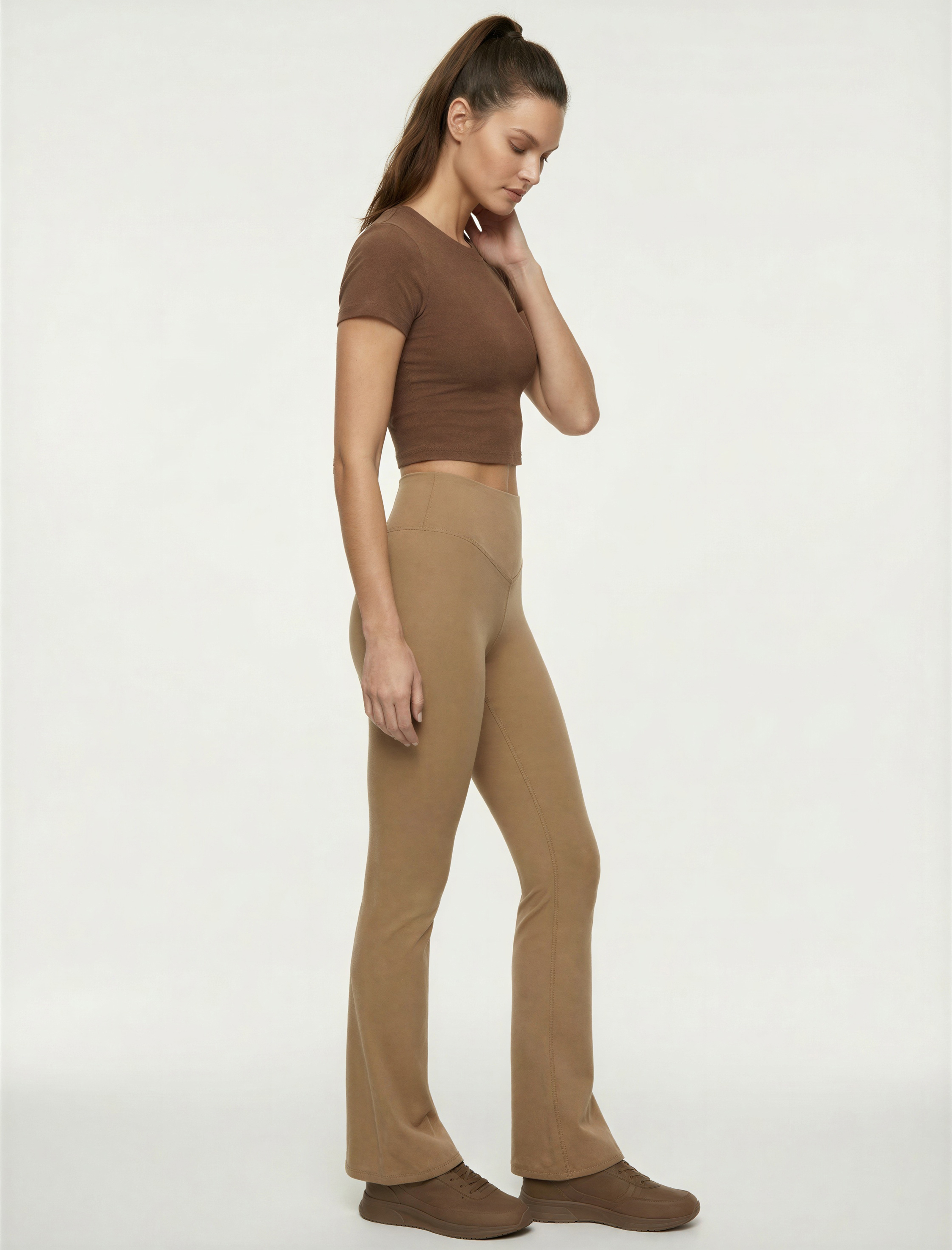 Yüksek Bel Dikiş Detaylı İnterlok Slim Fit İspanyol Paça Spor Tayt