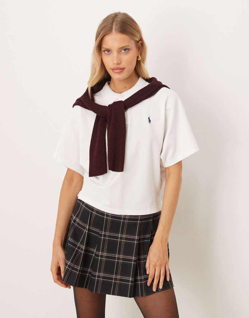 Trend beyaz örgü polo tişört