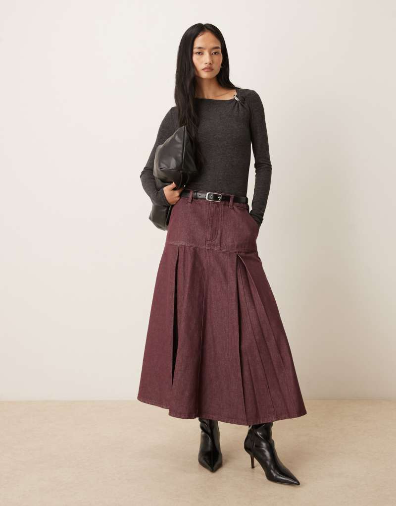 Trend bordo renkli pileli denim maksi etek