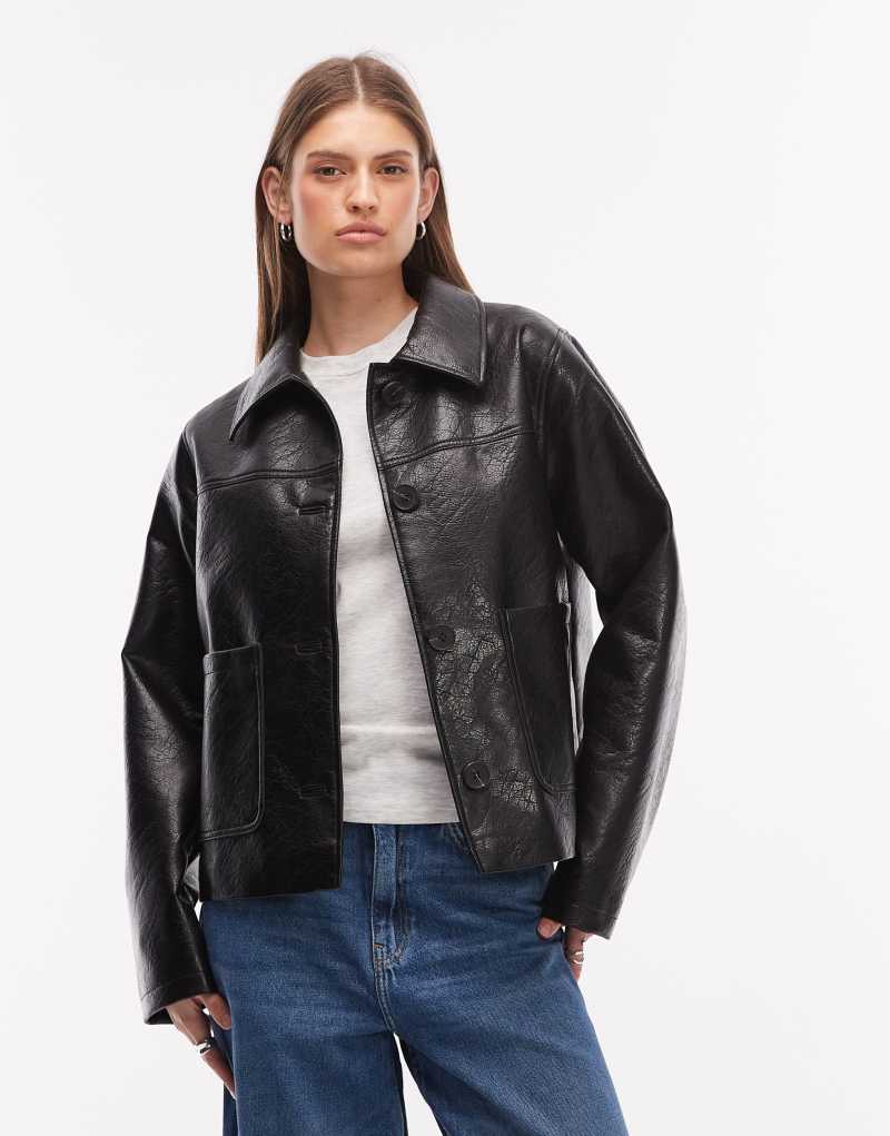 Trend  siyah deri görünümlü Harrington ceket